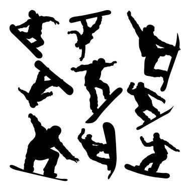 Snowboard aktivite siluetleri. Sembol, logo, simge, işaret ya da istediğiniz herhangi bir tasarım için kullanılabilir.