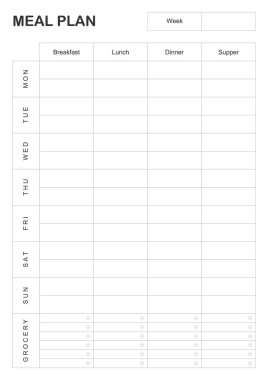 Yemek planı, Minimalist haftalık yemek planlayıcısı basılabilir şablon. Yemek planlama ve alışveriş listesi. Diyet ve ayak için sağlıklı bir yemek planı. Vektör şablonu. EPS 10