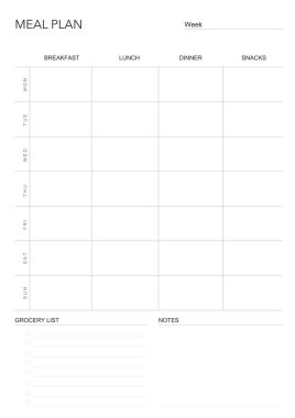 Yemek planı, Minimalist haftalık yemek planlayıcısı basılabilir şablon. Yemek planlama ve alışveriş listesi. Diyet ve ayak için sağlıklı bir yemek planı. Vektör şablonu. EPS 10