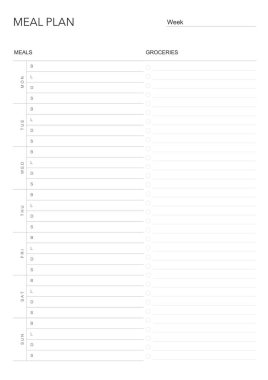 Yemek planı, Minimalist haftalık yemek planlayıcısı basılabilir şablon. Yemek planlama ve alışveriş listesi. Diyet ve ayak için sağlıklı bir yemek planı. Vektör şablonu. EPS 10