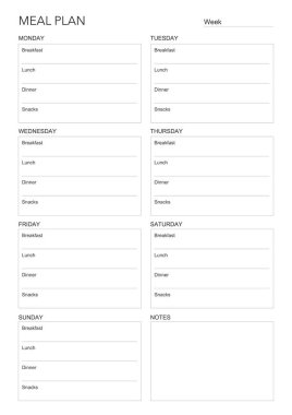 Yemek planı, Minimalist haftalık yemek planlayıcısı basılabilir şablon. Yemek planlama ve alışveriş listesi. Diyet ve ayak için sağlıklı bir yemek planı. Vektör şablonu. EPS 10