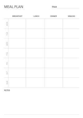 Yemek planı, Minimalist haftalık yemek planlayıcısı basılabilir şablon. Yemek planlama ve alışveriş listesi. Diyet ve ayak için sağlıklı bir yemek planı. Vektör şablonu. EPS 10