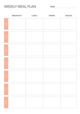 Yemek planı, Minimalist haftalık yemek planlayıcısı basılabilir şablon. Yemek planlama ve alışveriş listesi. Diyet ve ayak için sağlıklı bir yemek planı. Vektör şablonu. EPS 10