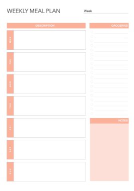 Yemek planı, Minimalist haftalık yemek planlayıcısı basılabilir şablon. Yemek planlama ve alışveriş listesi. Diyet ve ayak için sağlıklı bir yemek planı. Vektör şablonu. EPS 10