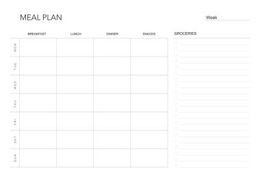 Yemek planı, Minimalist haftalık yemek planlayıcısı basılabilir şablon. Yemek planlama ve alışveriş listesi. Diyet ve ayak için sağlıklı bir yemek planı. Vektör şablonu. EPS 10