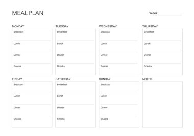 Yemek planı, Minimalist haftalık yemek planlayıcısı basılabilir şablon. Yemek planlama ve alışveriş listesi. Diyet ve ayak için sağlıklı bir yemek planı. Vektör şablonu. EPS 10
