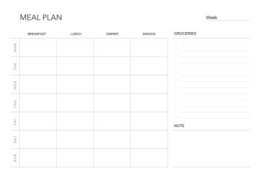 Yemek planı, Minimalist haftalık yemek planlayıcısı basılabilir şablon. Yemek planlama ve alışveriş listesi. Diyet ve ayak için sağlıklı bir yemek planı. Vektör şablonu. EPS 10