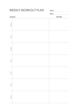 Meydan okuma planı, minimal günlük, haftalık basılabilir şablon. Alışkanlık, egzersiz planlaması ve liste yapmak. Basılabilir planlayıcı, dijital planlayıcı. A4 ve harf büyüklüğü. Vektör şablonu. EPS 10