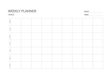 Haftalık meydan okuma planı, günlük minimal planlama, haftalık yazdırılabilir şablon. Alışkanlık, egzersiz planlaması ve liste yapmak. Basılabilir planlayıcı, dijital planlayıcı. A4 ve harf büyüklüğü. Vektör şablonu. EPS 10