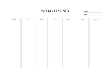 Haftalık meydan okuma planı, günlük minimal planlama, haftalık yazdırılabilir şablon. Alışkanlık, egzersiz planlaması ve liste yapmak. Basılabilir planlayıcı, dijital planlayıcı. A4 ve harf büyüklüğü. Vektör şablonu. EPS 10