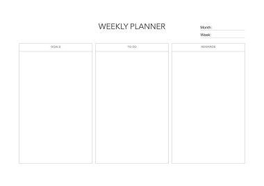 Haftalık meydan okuma planı, günlük minimal planlama, haftalık yazdırılabilir şablon. Alışkanlık, egzersiz planlaması ve liste yapmak. Basılabilir planlayıcı, dijital planlayıcı. A4 ve harf büyüklüğü. Vektör şablonu. EPS 10