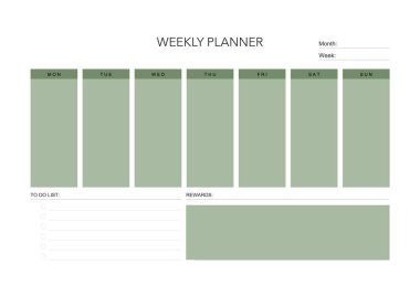 Haftalık meydan okuma planı, günlük minimal planlama, haftalık yazdırılabilir şablon. Alışkanlık, egzersiz planlaması ve liste yapmak. Basılabilir planlayıcı, dijital planlayıcı. A4 ve harf büyüklüğü. Vektör şablonu. EPS 10