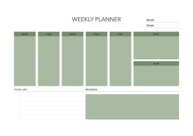 Haftalık meydan okuma planı, günlük minimal planlama, haftalık yazdırılabilir şablon. Alışkanlık, egzersiz planlaması ve liste yapmak. Basılabilir planlayıcı, dijital planlayıcı. A4 ve harf büyüklüğü. Vektör şablonu. EPS 10