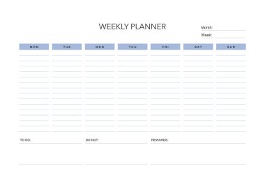 Haftalık meydan okuma planı, günlük minimal planlama, haftalık yazdırılabilir şablon. Alışkanlık, egzersiz planlaması ve liste yapmak. Basılabilir planlayıcı, dijital planlayıcı. A4 ve harf büyüklüğü. Vektör şablonu. EPS 10