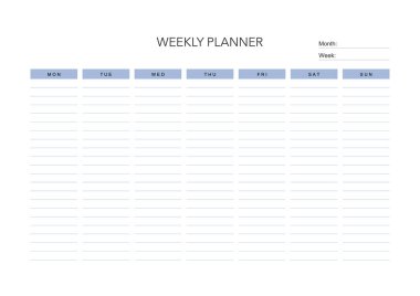 Haftalık meydan okuma planı, günlük minimal planlama, haftalık yazdırılabilir şablon. Alışkanlık, egzersiz planlaması ve liste yapmak. Basılabilir planlayıcı, dijital planlayıcı. A4 ve harf büyüklüğü. Vektör şablonu. EPS 10