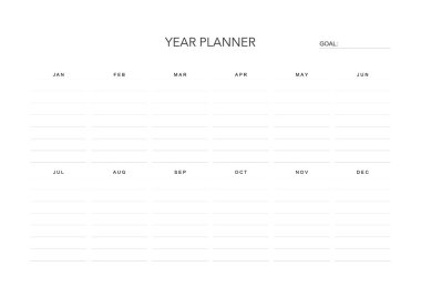 Yıl meydan okuma planı, minimal planlayıcı basılabilir, dijital şablon. Yapılacaklar listesi. Basılabilir planlayıcı, dijital planlayıcı. A4 ve harf büyüklüğü. Vektör şablonu. EPS 10