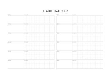 Alışkanlık izleyici, meydan okuma planı, günlük minimal planlama, haftalık yazdırılabilir şablon. Alışkanlık, egzersiz planlaması ve liste yapmak. Basılabilir planlayıcı, dijital planlayıcı. A4 ve harf büyüklüğü. Vektör şablonu. EPS 10