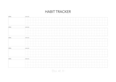 Alışkanlık izleyici, meydan okuma planı, günlük minimal planlama, haftalık yazdırılabilir şablon. Alışkanlık, egzersiz planlaması ve liste yapmak. Basılabilir planlayıcı, dijital planlayıcı. A4 ve harf büyüklüğü. Vektör şablonu. EPS 10
