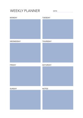 Haftalık plan, minimalist günlük, haftalık basılabilir şablon. Alışkanlık, egzersiz planlaması ve liste yapmak. Basılabilir planlayıcı, dijital planlayıcı. A4 ve harf büyüklüğü. Vektör şablonu. EPS 10