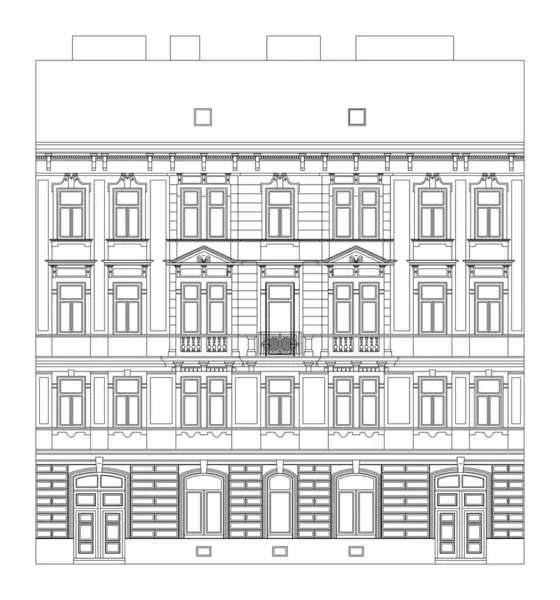 Facade of a 4 story townhouse in an European City around 1900. Drawing, true to scale