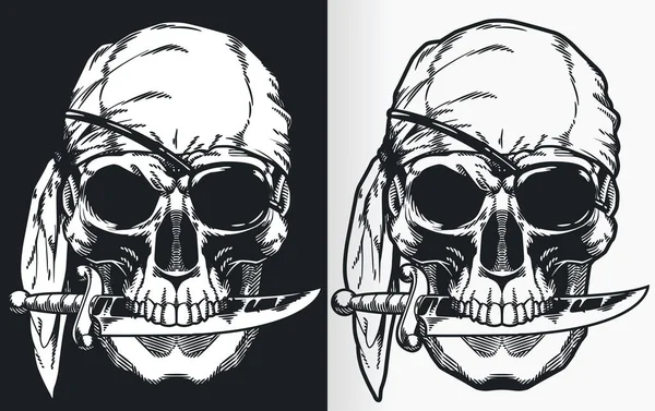 Silhouette Contour Pirate Skull Front View Perspective — Vetor de Stock