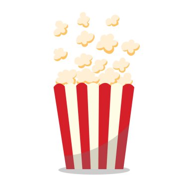 Çizgili bir kutuda patlamış mısır, düz bir sinema ikonu, abur cubur.