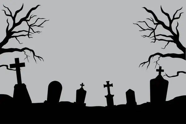 Cadılar Bayramı Silueti Arka Planında Ağaçlar Mezar Taşları Ormandaki Mezarlık Telifsiz Stok Illüstrasyonlar