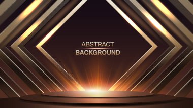 Altın podyum, geometrik şekiller, parıldayan ışıklar ve lüks ödül töreni tasarımı ile zarif soyut arka plan.