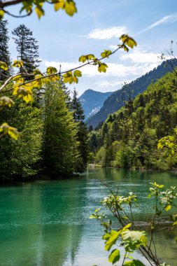 Muhteşem güneşli bir günde, Archbach nehrinin ışıldayan turkuaz rengini izleyin, Reutte, Avusturya