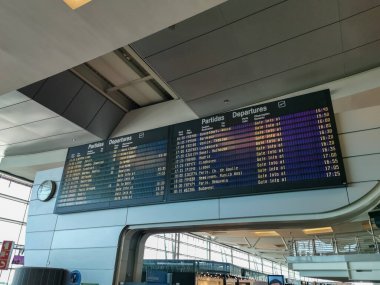 Porto Portugal - 09 28 2021: Fly Schedule / Departures board with data about airline flight numbers, gates, and departure times at Oporto - Sa Carneiro Airport
