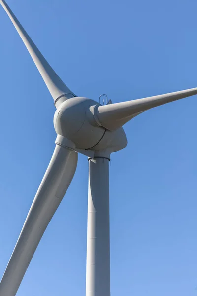 Detailed view of a wind turbine or wind mill, details at the main components: rotor blades, hub, nacelle and generator...