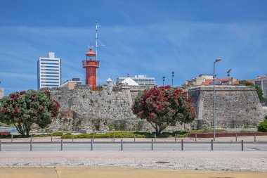 Figueira da Foz Portugal 08 07 2021: View at the Fort Santa Catarina of Figueira da Foz and Santa Catarina Lighthouse, located in the parish of Buarcos, an iconic heritage militar building on downtown