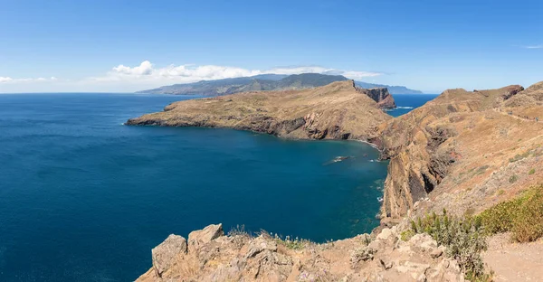 stock image Madeira Island Portugal - 04 19 2023: Amazing panoramic view at the huge natural cliffs over the ocean, St. Lourenco Cape or Cabo de Sao Lourenco, on Madeira Island, Portugal