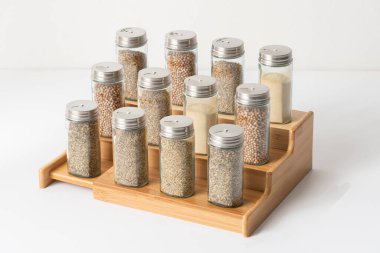 Salt and pepper shakers on a wooden tray on a white background, wooden Seasoning Shelf clipart