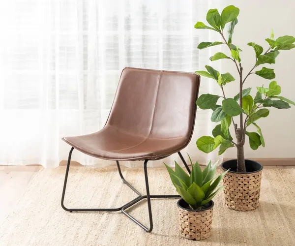 Une Chaise Salon Cuir Marron Moderne Côté Deux Plantes Vertes — Photo