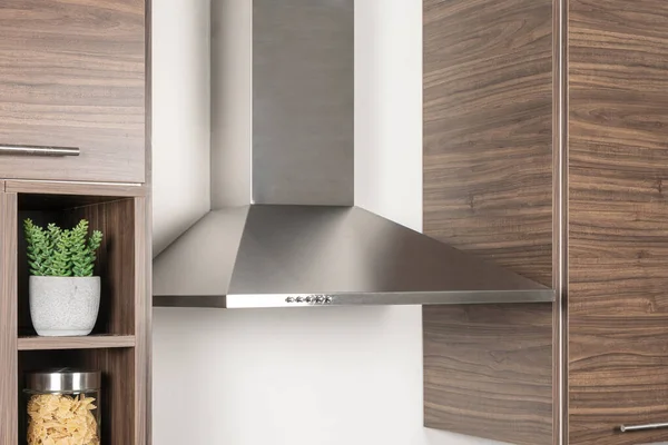 Stainless Steel Kitchen Hood Melamine Wooden Kitchen Cupboard Set Corner — Stock Photo, Image
