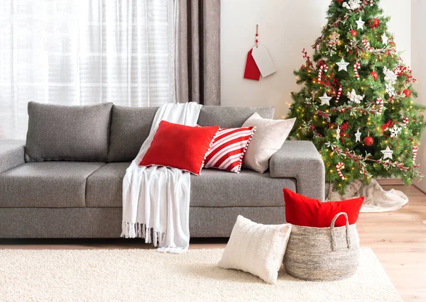 Decorated Christmas Tree Red Cushions Nordic Modern Living Room Interior — Stock Photo, Image
