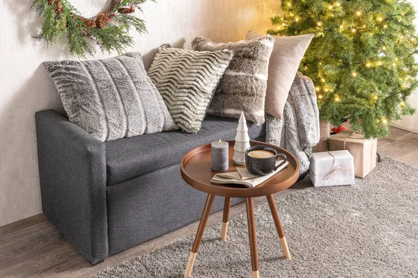 Nordic Cozy Living Room Interior Christmas Tree Wood Coffee Table — Stock Photo, Image