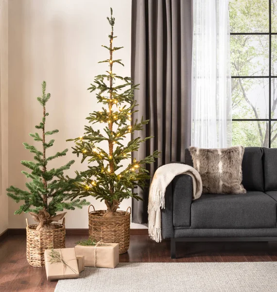 Christmas Tree Living Room Gift Boxes Sofa Window Background — Stock Photo, Image