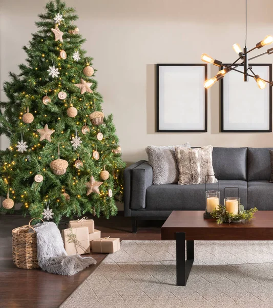 Warm Living Room Decorated Artificial Christmas Tree Sofa Decorations Blank — Stock Photo, Image