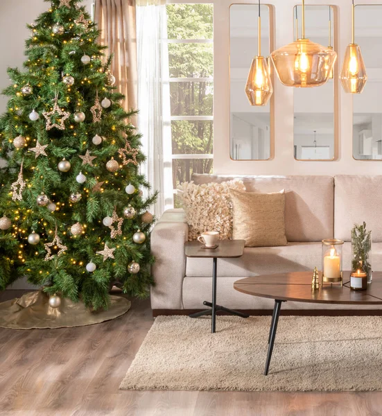 Nordic Cozy Living Room Interior Christmas Tree Beige Tones Coffee — Stock Photo, Image