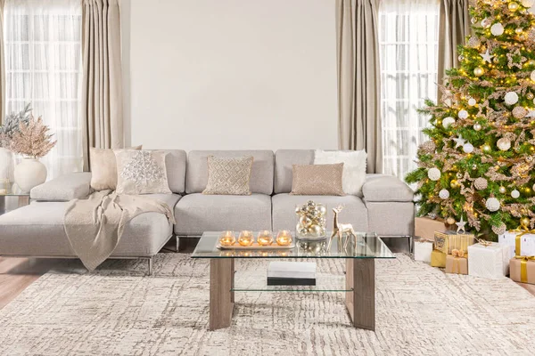 Scandinavian Style Luxury Living Room Featuring Cozy Gray Sofa Corner — Stock Photo, Image