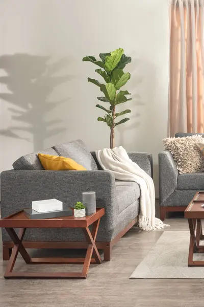 Mid-century Modern Living Room Interior Featuring a Grey Sofa Loveseat, Coffee Table, Plant in Pot, Light Green Wall, and a Window with a Beige Curtain in the Background.