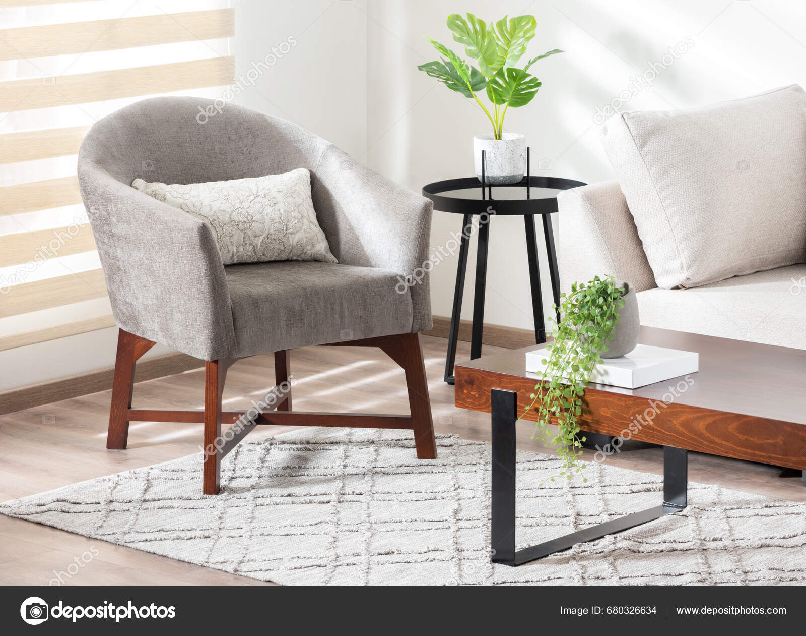 Bright Living Room Interior Mid Century Modern Accent Grey Fabric Stock