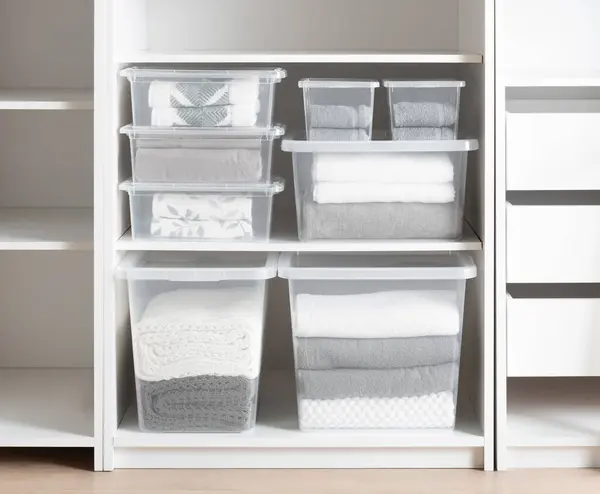 stock image Contemporary white closet interior with transparent plastic sweater storage boxes organizing folded towels and soft blankets, complementing the clean, organized bedroom ambiance, minimalist design.