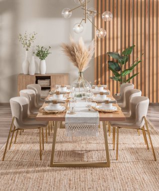 Elegant dining room featuring a Mid-Century Modern style with a wooden table set for a meal, ceramic white plates, woven placemats, and decorative vases. The warm autumn atmosphere, neutral chairs. clipart