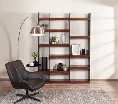 Industrial-chic reading corner with a black swivel accent chair, tall open bookshelf with walnut shelves, and a sleek metal arc floor lamp, set on warm wood flooring for a stylish interior vibe. clipart