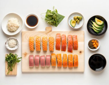Tahta üzerinde taze somon ve ton balığı, avokado dilimleri, aromatik yeşiller, soya sosu ve rafine edilmiş mutfak zevki için az miktarda Japon havası içeren nefis üst manzara suşi görüntüsü..