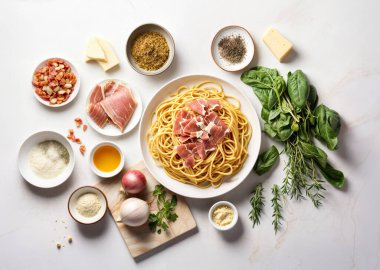 Prosciutto dilimleri, taze fesleğen, aromatik otlar ve ekstra bakir zeytinyağıyla dolu canlı spagetti tabağı karşı konulamaz ev yapımı gurme yemekleri için modern İtalyan Akdeniz yeteneğini yakalıyor.