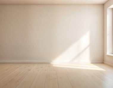 Minimum boş oda, sıcak ahşap döşeme, parlak doğal ışık, tarafsız duvarlar, ve esnek, modern iç tasarım olanakları için ideal İskandinav esinlenilmiş arka plan..